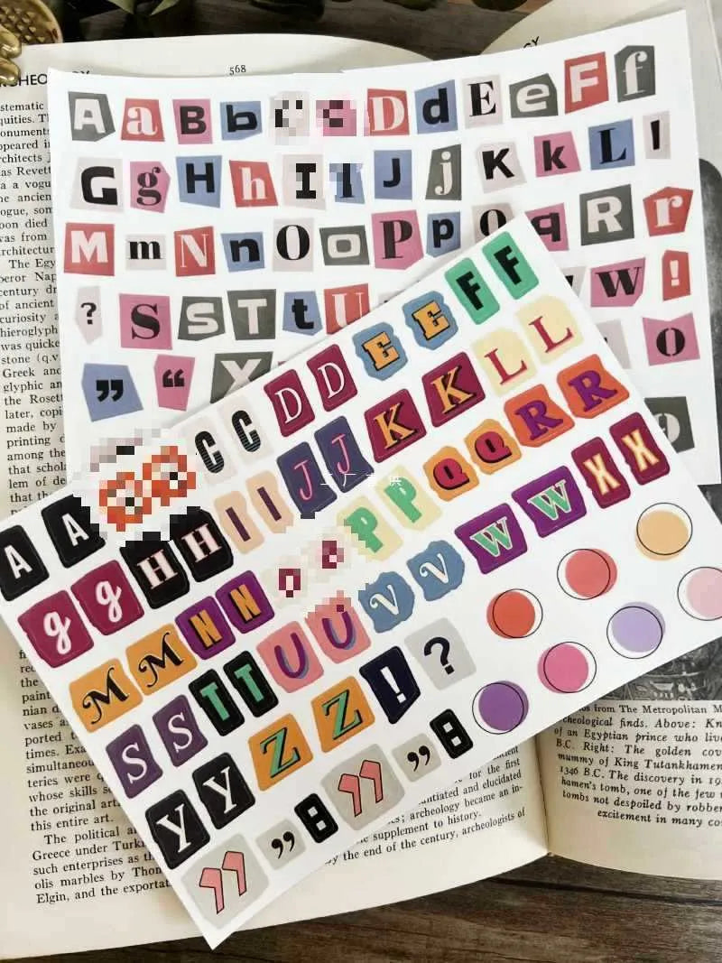 Set of English letters and numbers symbol stickers in cute style with printed alphabet and weekly words