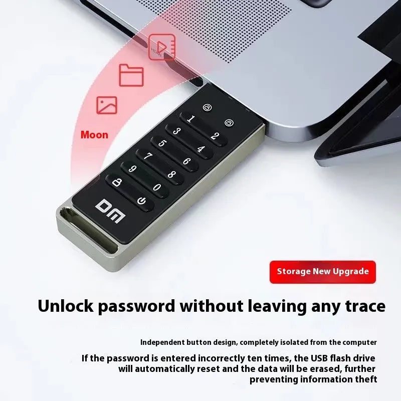 Silver metal fingerprint-encrypted USB flash drive showing size and scanner.