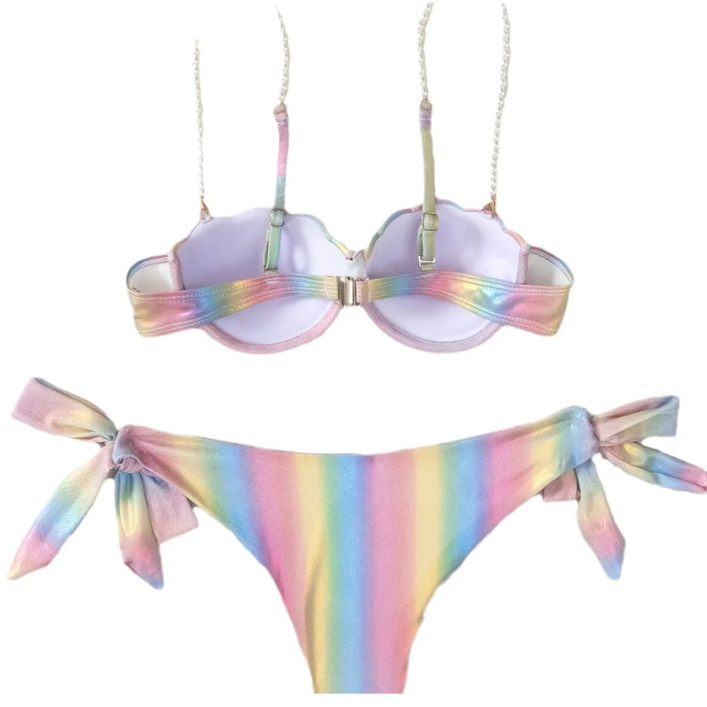 Women's shell rainbow pattern bikini swimsuit with split tied design