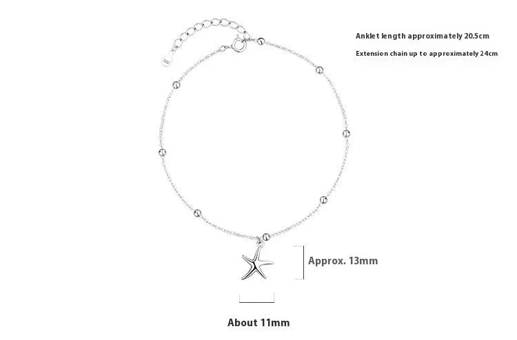 Women's sterling silver anklet with starfish charm and round beads on adjustable chain