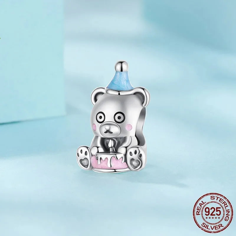 S925 sterling silver birthday cake bear bead, 1.4cm by 0.9cm, 0.45cm aperture, SCC3120 dripping oil colour
