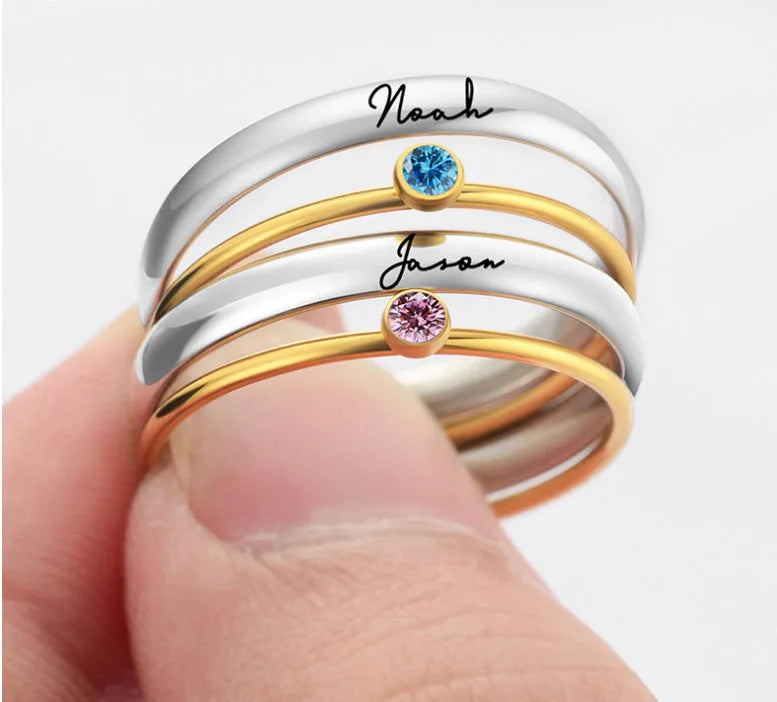 Titanium steel geometric engraved ring with a December birthstone, shown in a superimposed design.