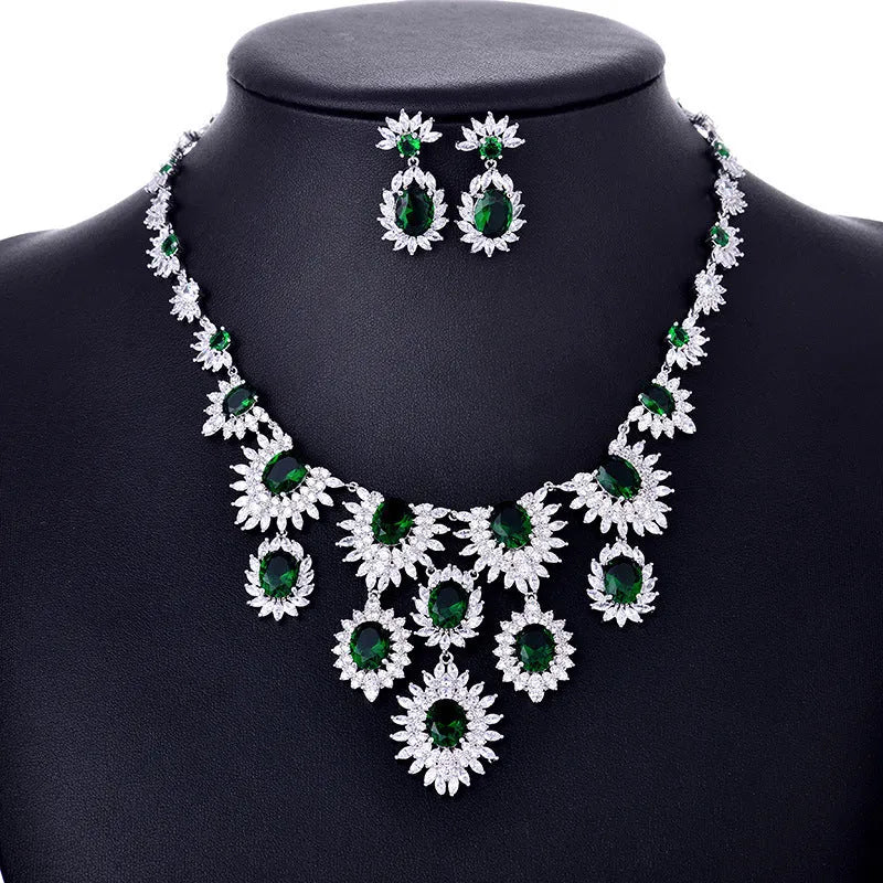 Colourful zircon earrings and necklace set with copper electroplating, floral pattern, 40cm chain, and 6 x 8.5cm pendant
