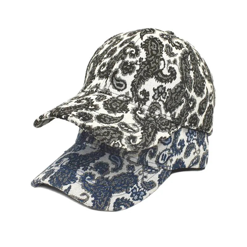 Unisex baseball cap with printed paisley pattern in blue colour option showing dome crown design