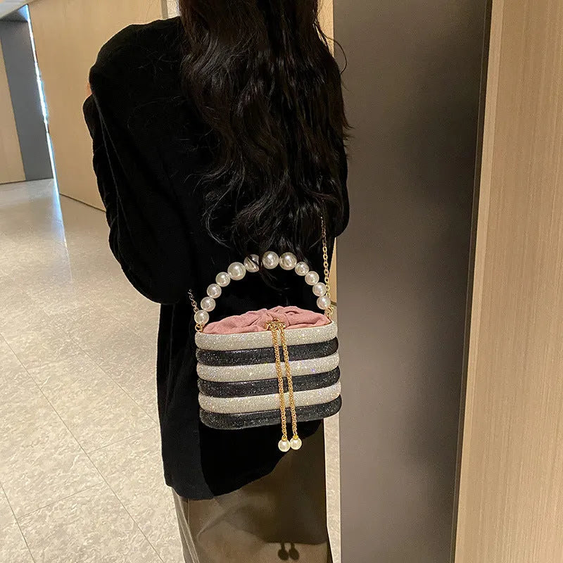 European retro style pearl beaded crossbody bag in soft PU leather with dinner clutch shape