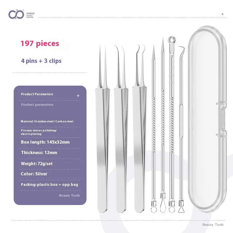 Four silver metal acne needles and a handling clip laid out on a clean surface.