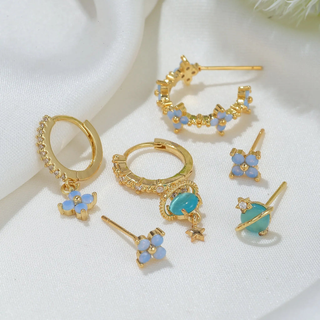 Gold and silver flower stud earrings with zircon mosaic, Japanese Korean sweet style.