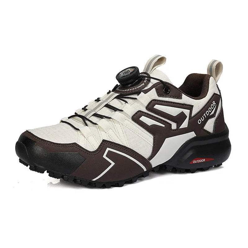 Men's lightweight hiking shoes with elastic band closure and synthetic leather upper in beige, black, and black red colour options.