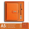 A5 notebook with a PU leather cover, open to show wood-free paper pages.