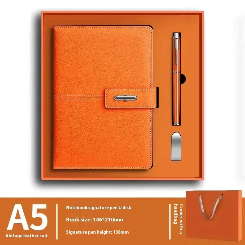 A5 notebook with a PU leather cover, open to show wood-free paper pages.