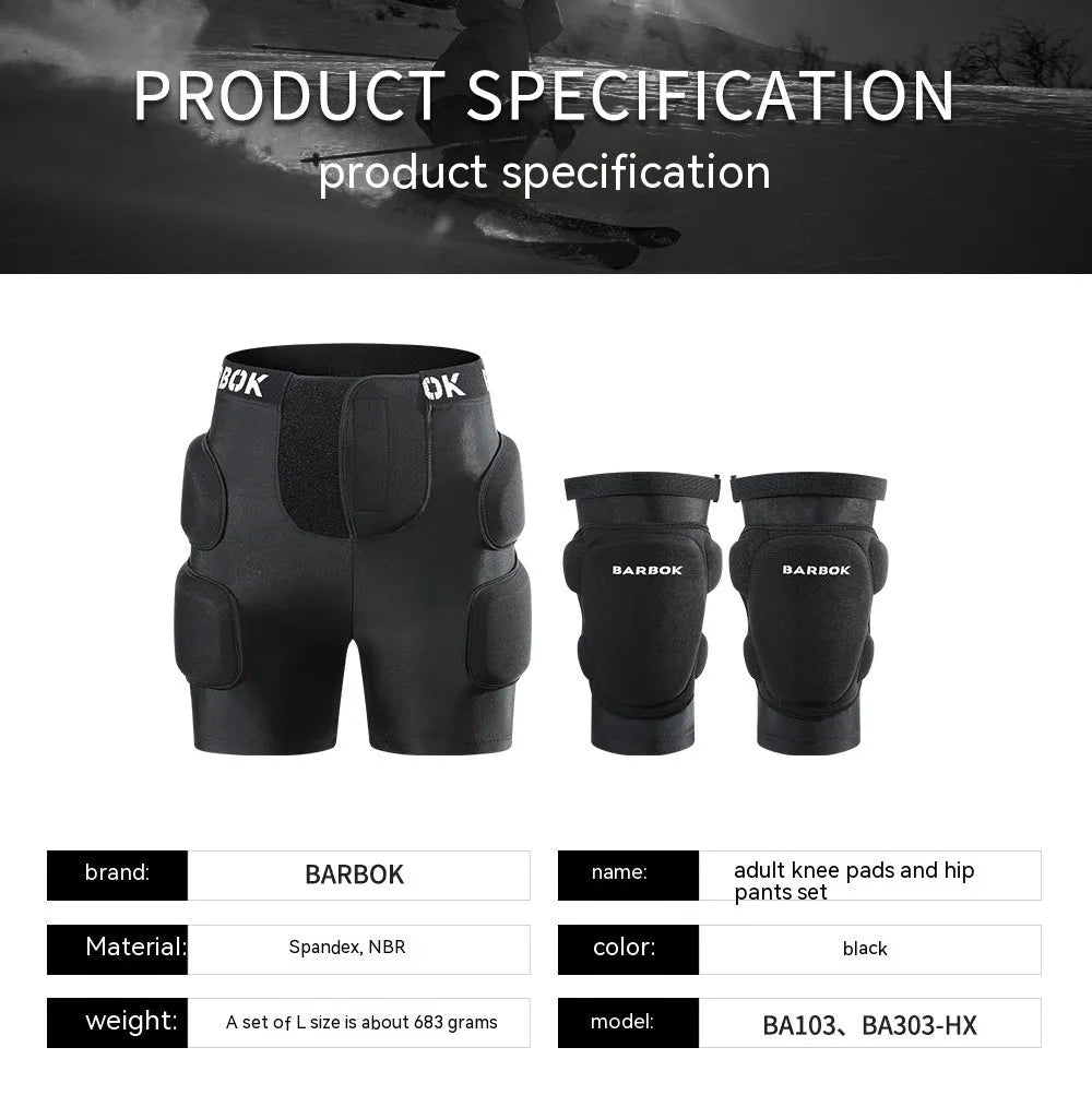 Adult black spandex hip pad pants with built-in protective padding for roller skating and skateboarding.