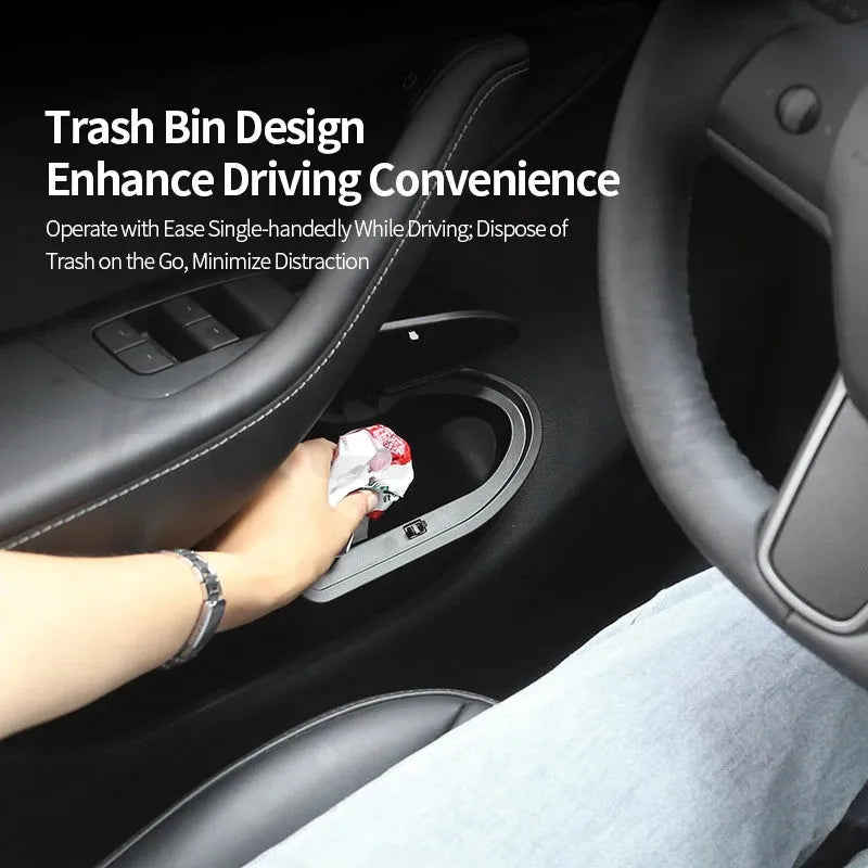 Two black ABS plastic car door trash cans for Tesla Model Y front seats