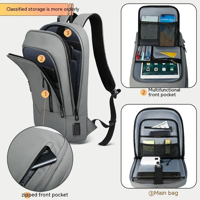 Men's business backpack in Oxford cloth with USB interface, solid colour, gray or blue, under 20L