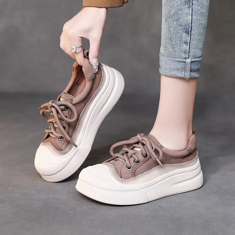 Women's casual lace-up shoes in cameo brown and yellow featuring round toe and first layer cowhide upper