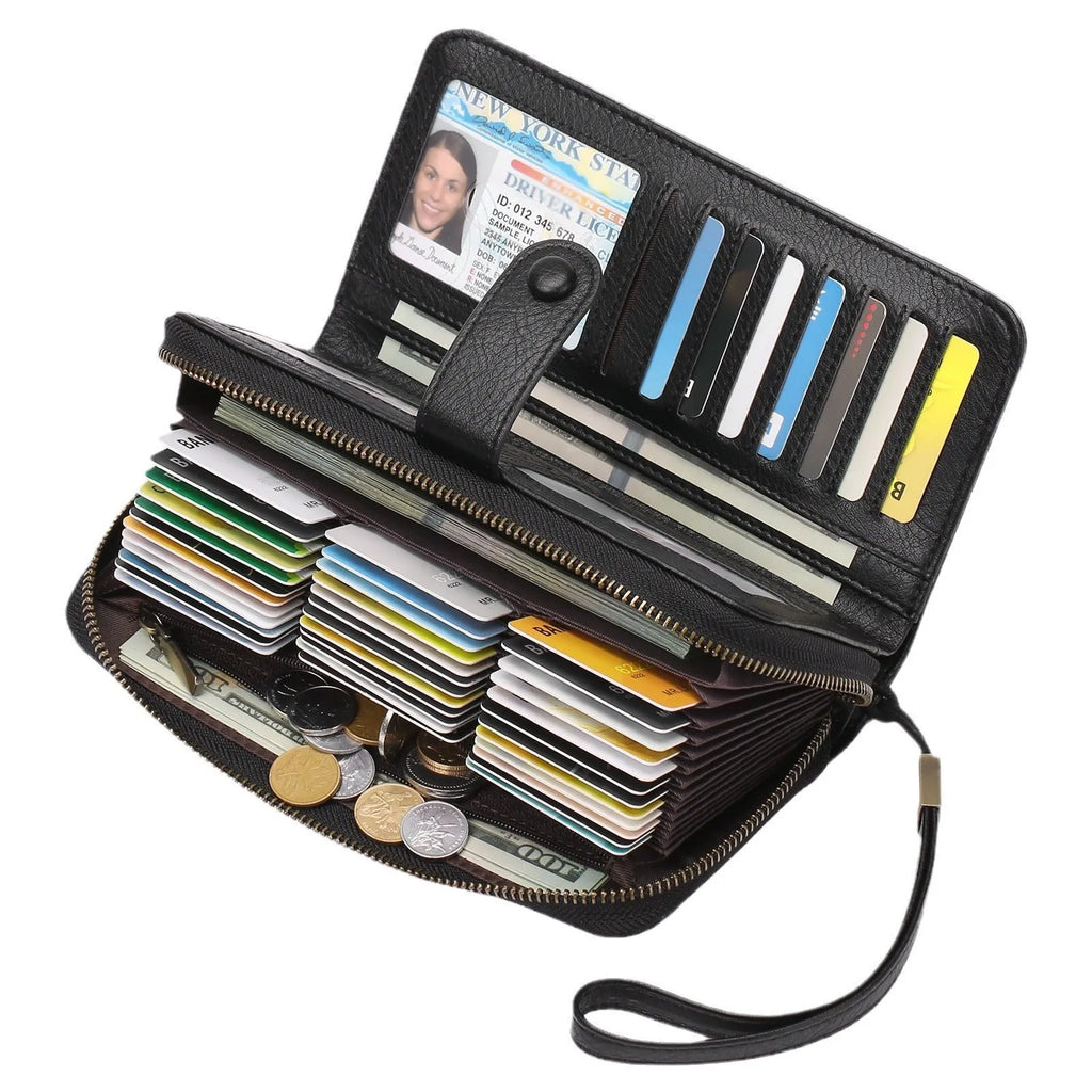 Expanding card holder women long wallet passport bag in light brown PU leather with anti-theft feature