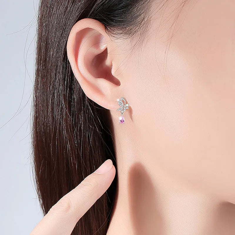 Women's butterfly crystal stud earrings in 925 sterling silver