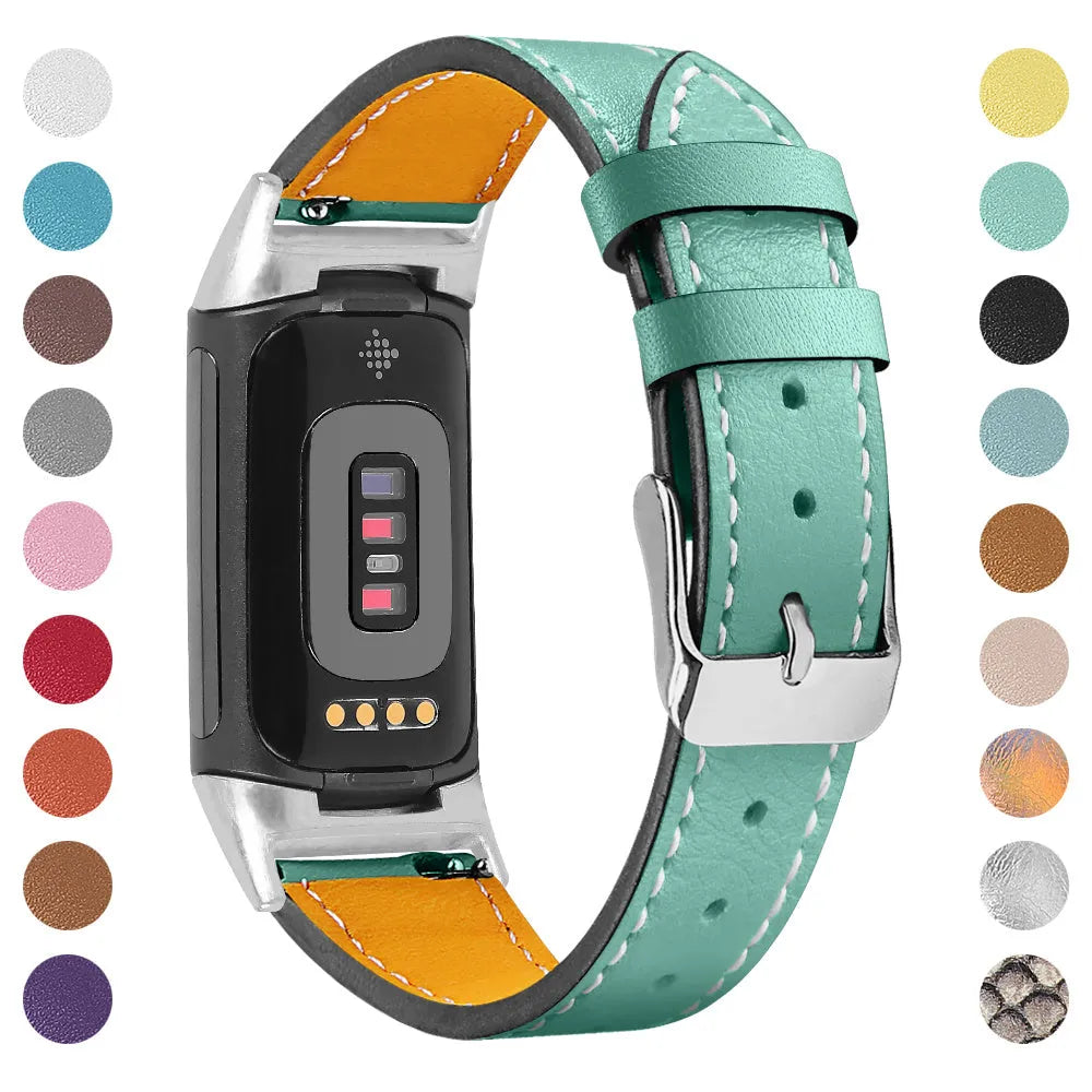 Genuine cowhide leather replacement strap with buckle clasp for Fitbit Charge 5 and Charge 6 smartwatches.
