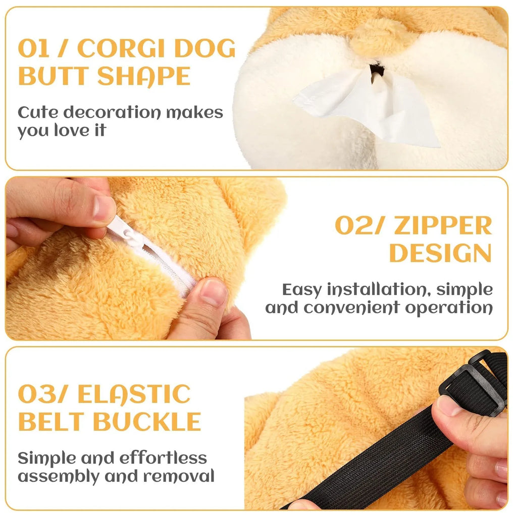 Yellow corgi butt-shaped soft pouch tissue box cover with elastic strap for car visor.