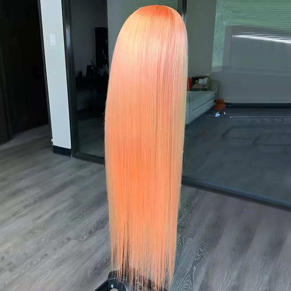 Light orange long straight front lace wig with high-temperature fibre, shown with side bangs styling