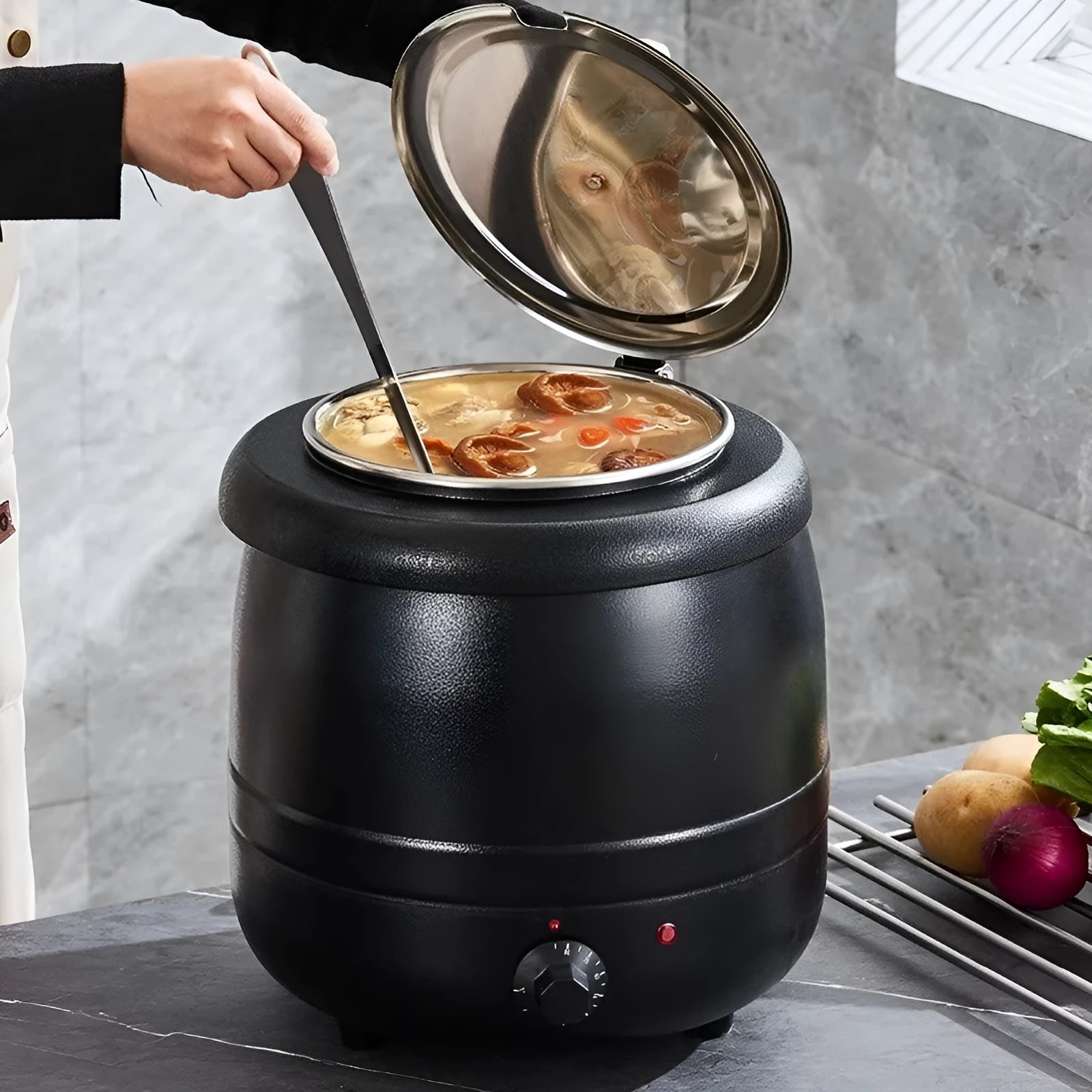 Black stainless steel insulation pot with steel cover, 10 litre capacity, electric heating function