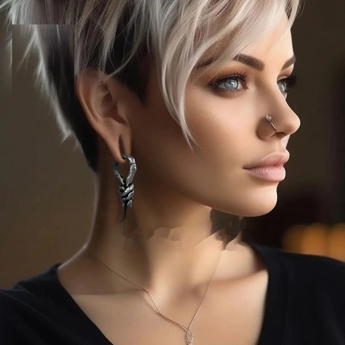 Copper bends and hitches piercing earring for auricle, showing sculptural shape and oiled finish.