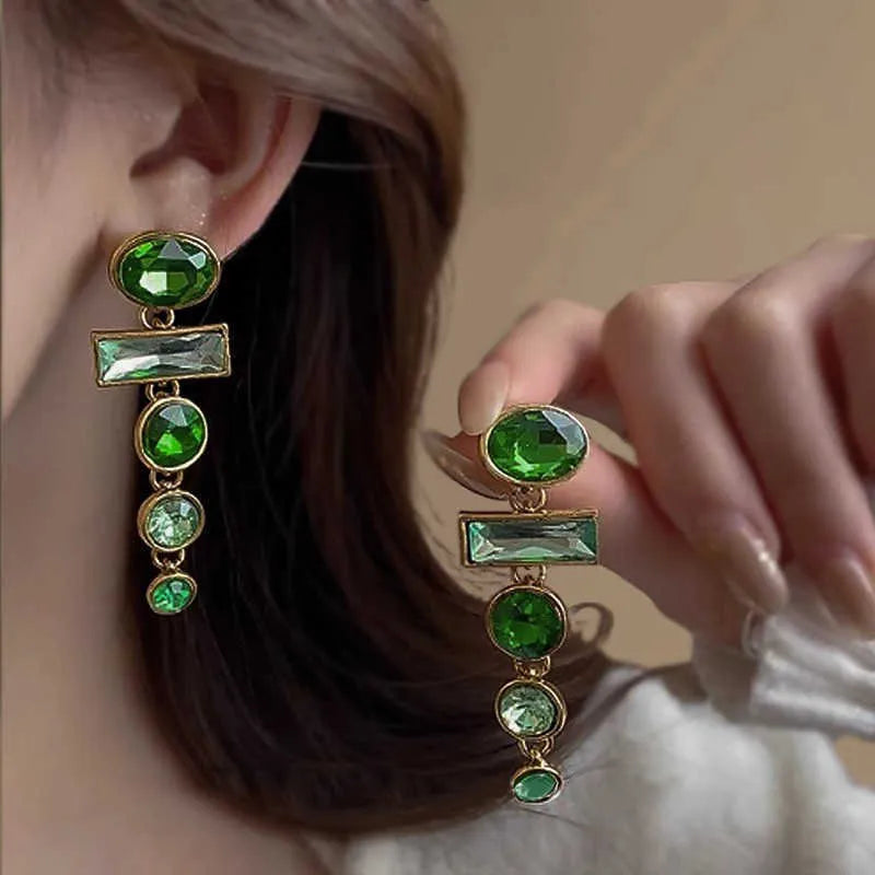 Geometric green gradient alloy earrings with zircon inlays and decorative tassels