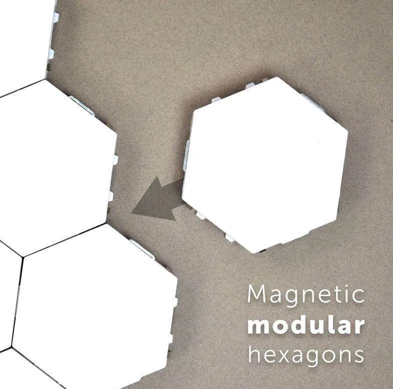 Helios modular honeycomb wall lamp panels assembled in pattern with touch-activated LED lighting
