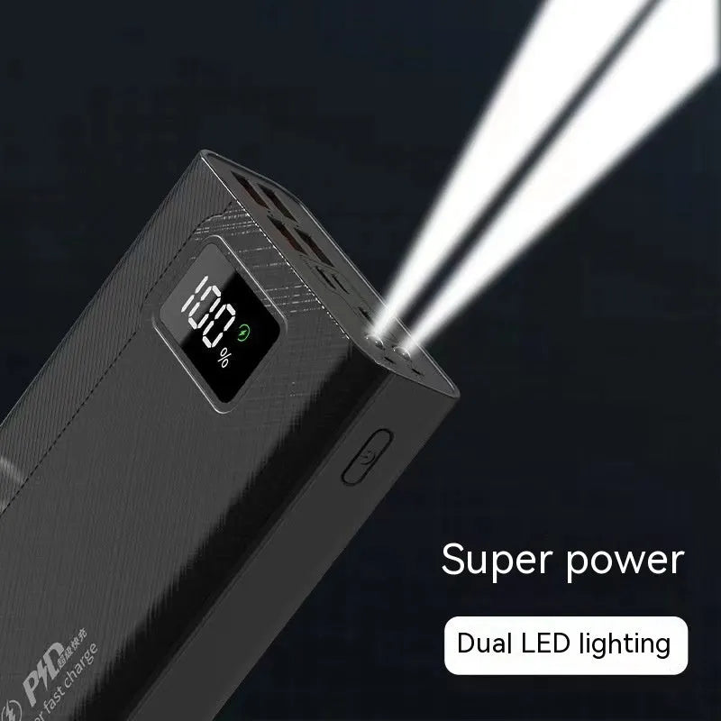 Large capacity power bank in black or white plastic casing with compact dimensions