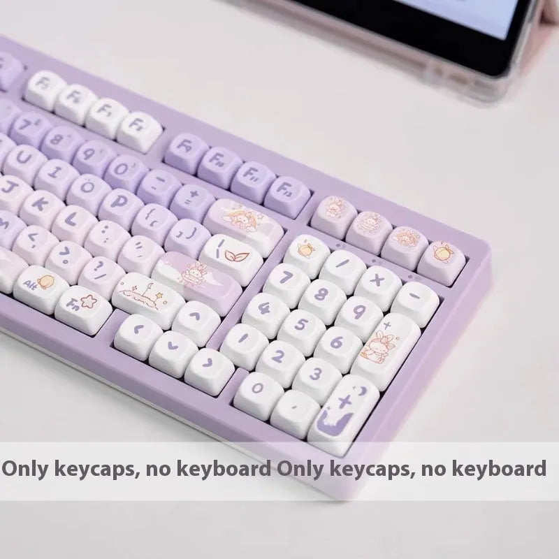 Set of purple to white gradient keycaps with a sublimation printed rabbit design for mechanical keyboards.