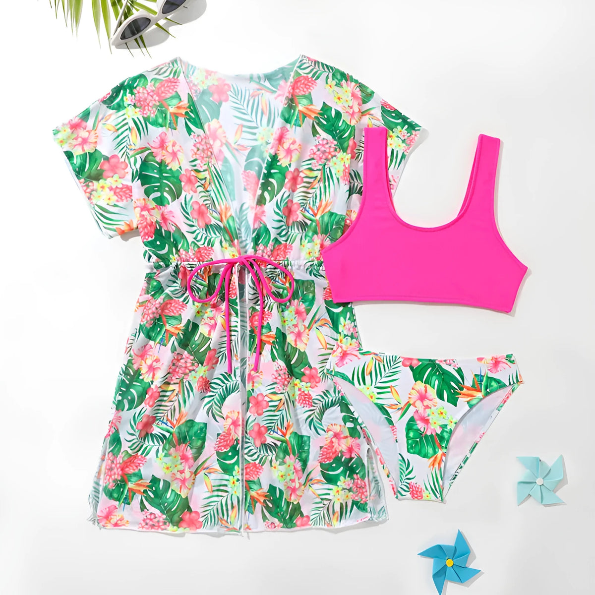 Girls' two-piece floral swimsuit in polyester for swimming, sizes 130-160cm