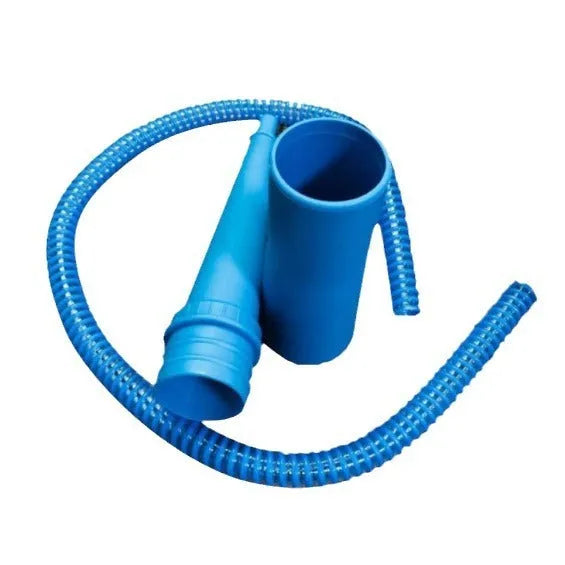 Blue plastic washing machine dust cleaner pipe with round head measuring 114cm long with three bag attachments