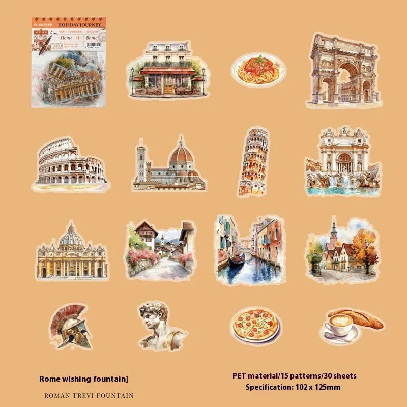 Holiday Journey Series retro architecture journal stickers showing six landmark designs.