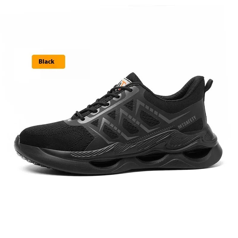 Black steel toe cap labour protection shoes with lace-up front and flat knitted uppers.
