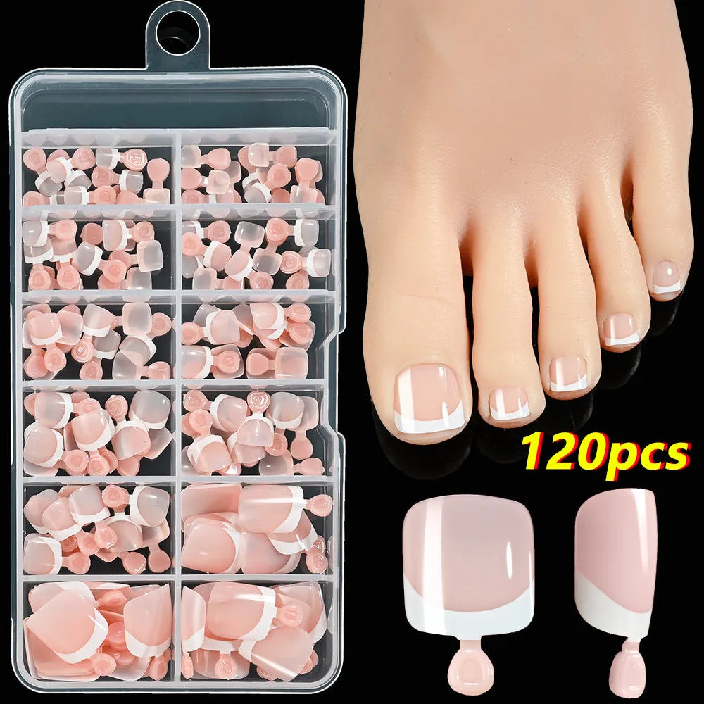 Box of 120 square short false nail pieces with French white edge design in nude colours