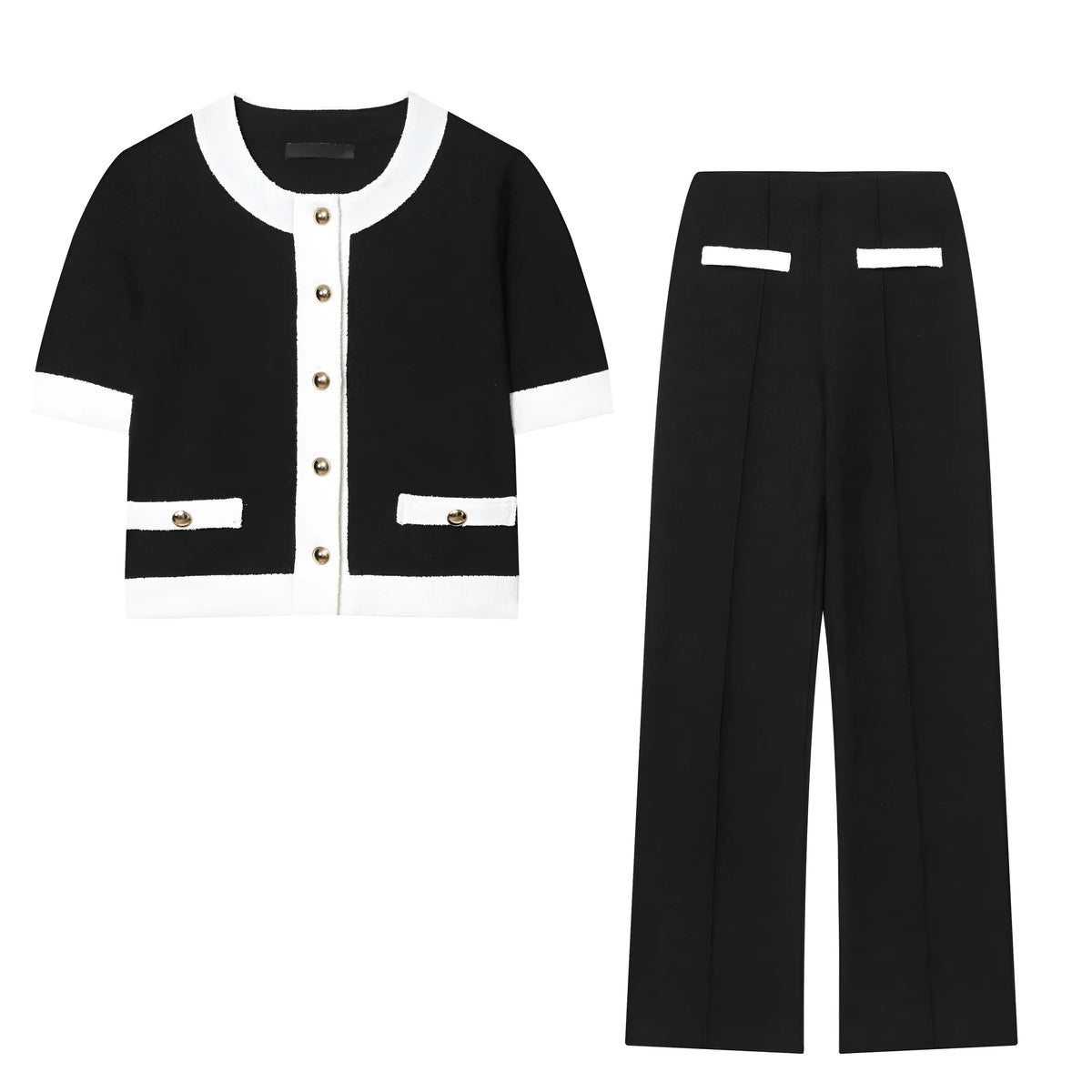 Women's beaded top and high-waisted trouser co-ord suit in contrasting colours, street fashion style.
