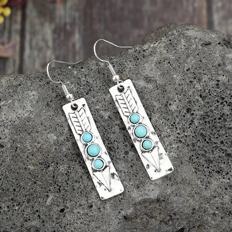 Silver geometric retro earrings with turquoise inlay, long strip drop design