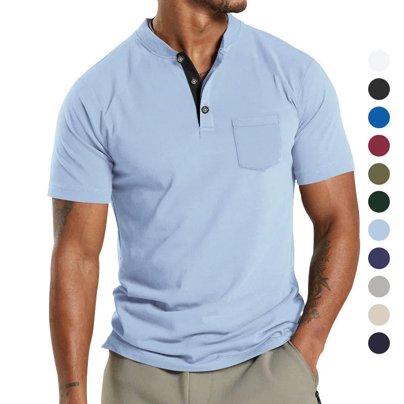 Plus size man wearing a solid colour short sleeve polyester shirt with a button chest pocket.