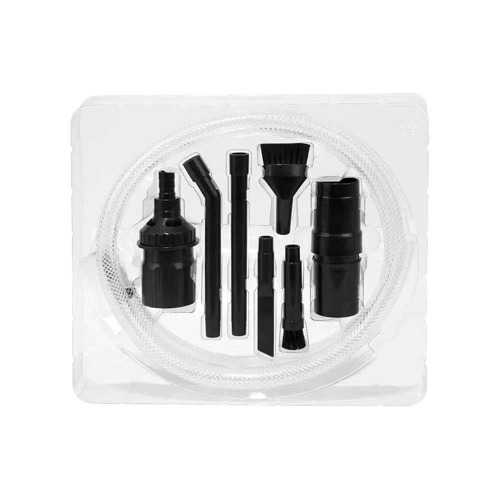 Eight-piece vacuum cleaner attachment set for compact space cleaning