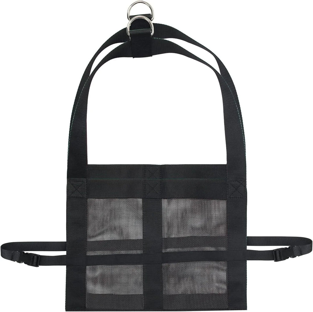 Black PVC-coated calf weighing sling with adjustable straps on a white background.