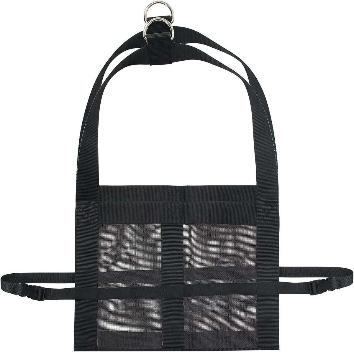 Black PVC-coated calf weighing sling with adjustable straps on a white background.