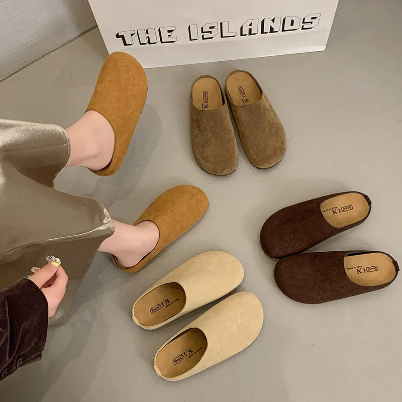 Korean-style soft flat slip-on slippers in apricot colour with square-toe design.