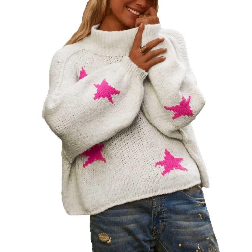 White women's turtleneck pullover sweater with five-pointed star pattern and loose fit