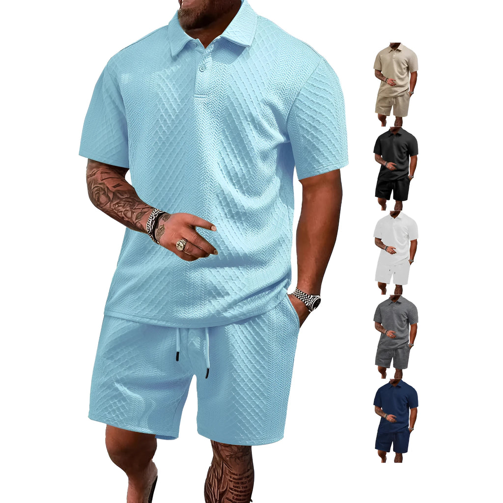 Men's casual short sleeve polyester suit two-piece set in multiple colours