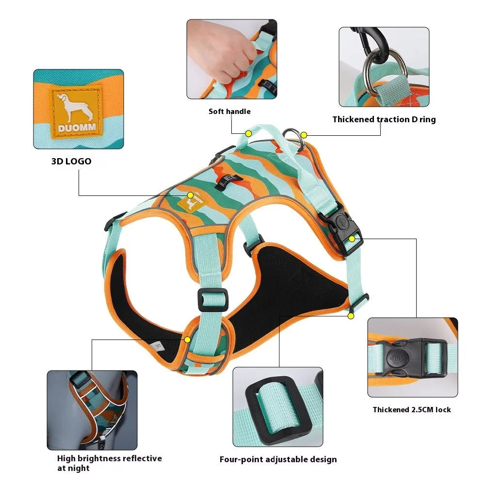 Reflective dog harness with hand holding rope in orange, army green, gray, or chocolate colours