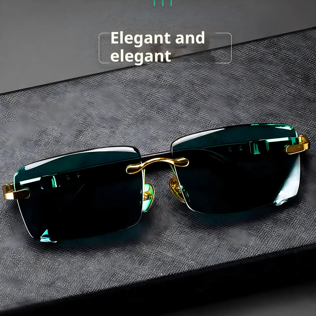 Frameless dark green crystal glasses with sunshade function shown with case and cleaning cloth