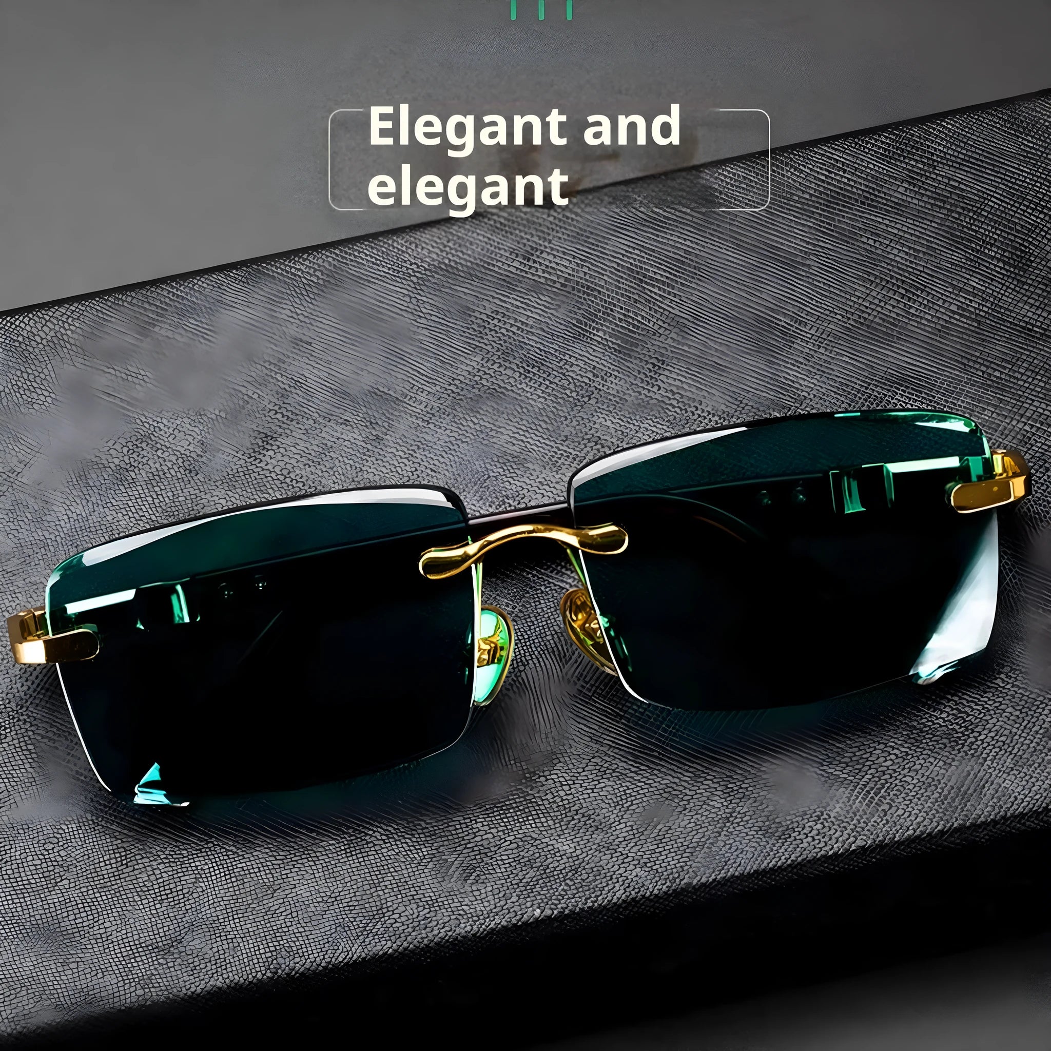 Frameless dark green crystal glasses with sunshade function shown with case and cleaning cloth