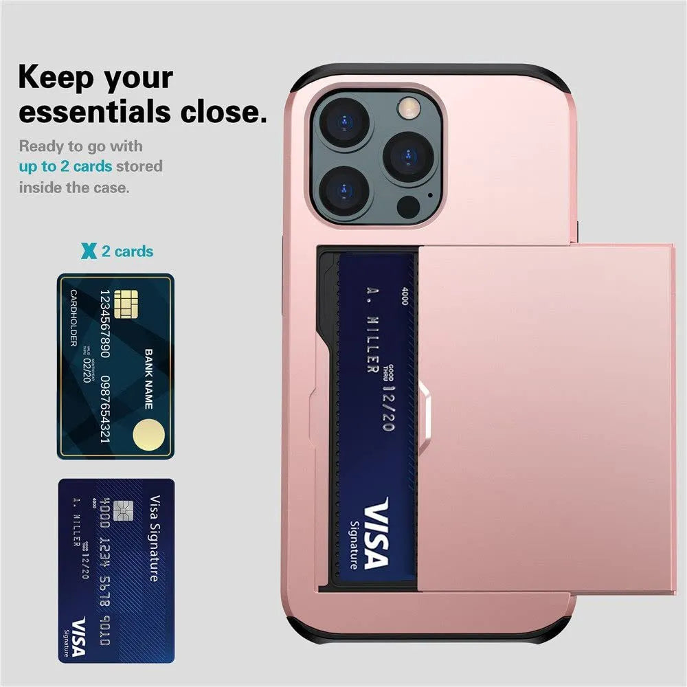 Sliding card wallet phone case in matte finish showing card slot and raised camera protection for iPhone