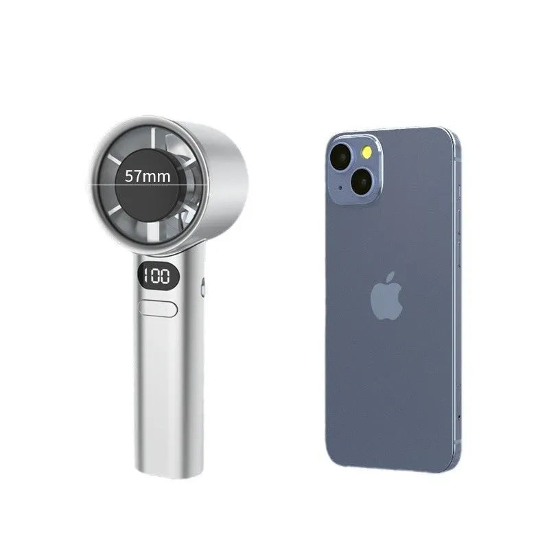 Handheld USB fan with six plastic blades showing variable speed control and available in four colours
