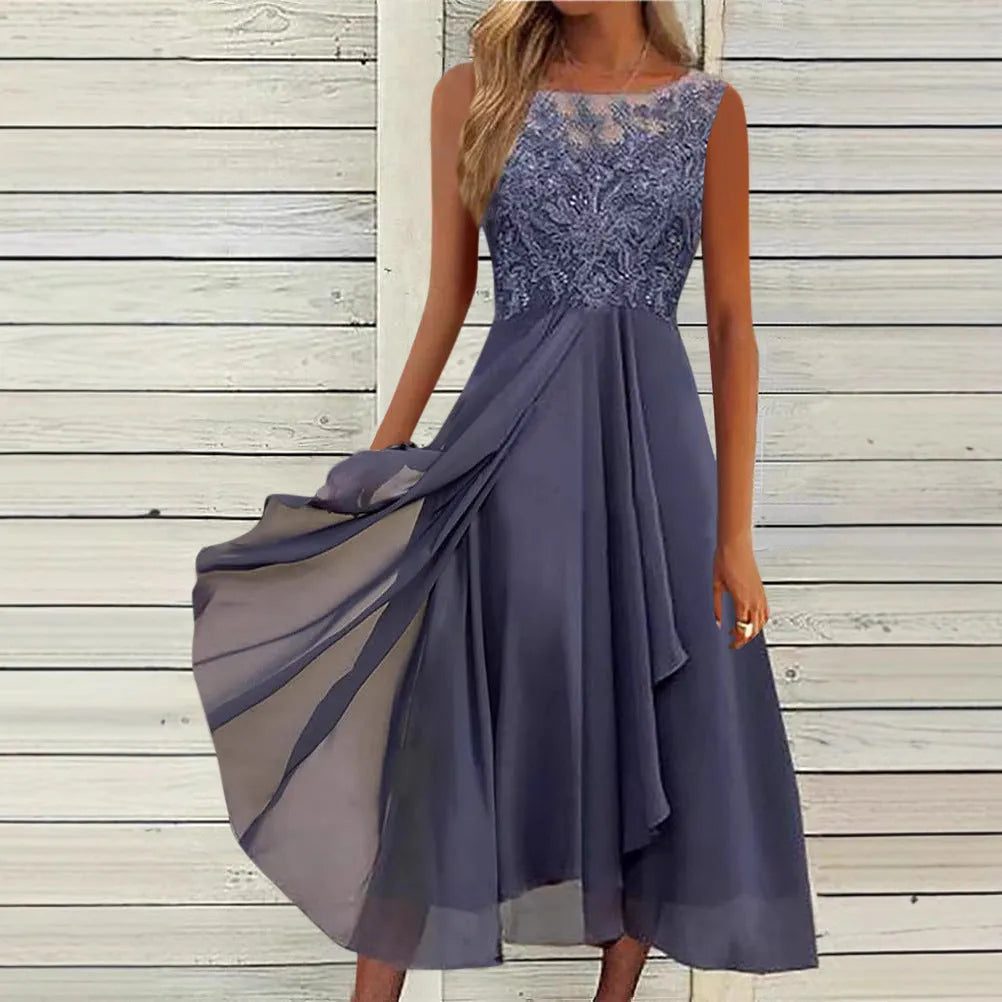 Women's sleeveless mid-length dress with lace hollow-out stitching in blue, green, or purple polyester fabric