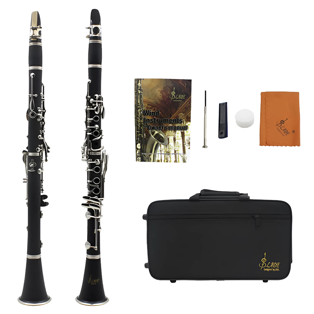 Black Bakelite beginner clarinet with 17 nickel-plated keys and protective bag